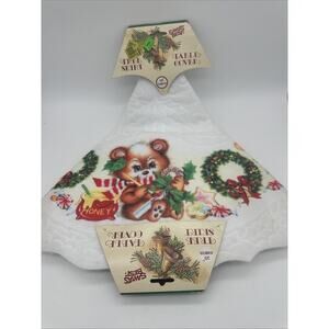 VTG White Felt Christmas Tree Skirt Tablecloth Teddy Bears NEW
